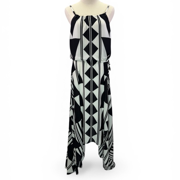 Express Dresses & Skirts - Express Geometric Print Black White Halter‎ Handkerchief Hem Maxi Dress Size S